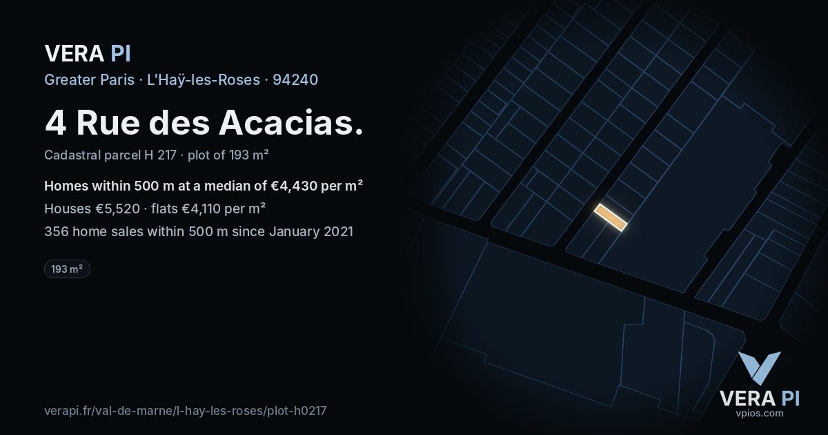 4 Rue des Acacias, L'Haÿ-les-Roses at night – the plot lit, the parcels around coloured by the prices near them