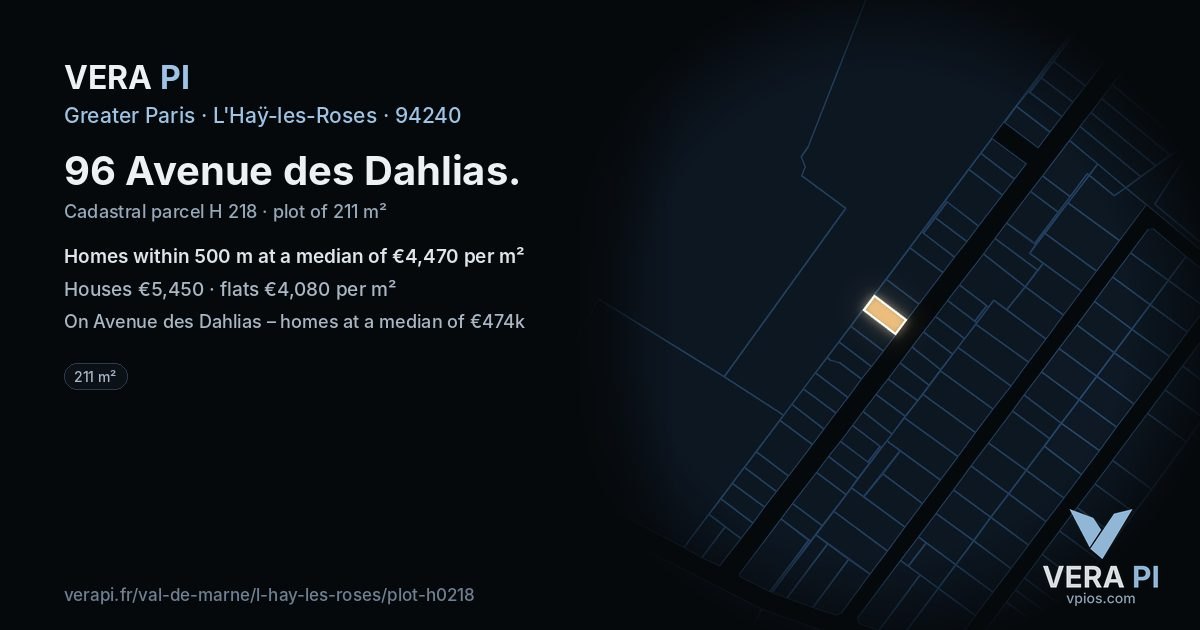 96 Avenue des Dahlias, L'Haÿ-les-Roses at night – the plot lit, the parcels around coloured by the prices near them
