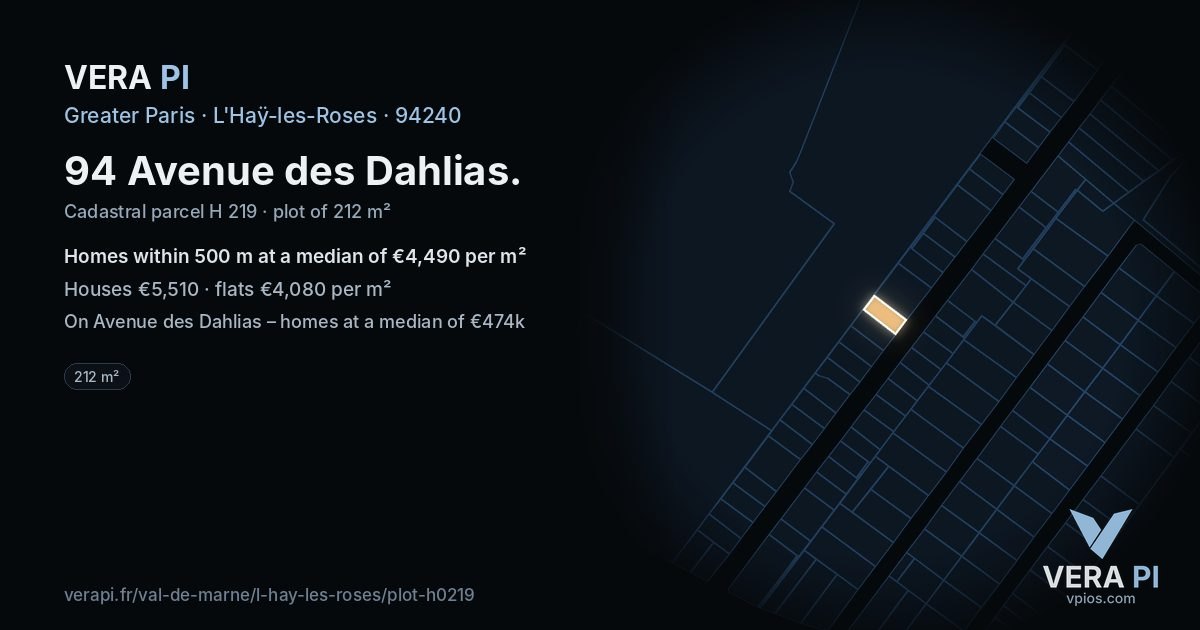 94 Avenue des Dahlias, L'Haÿ-les-Roses at night – the plot lit, the parcels around coloured by the prices near them