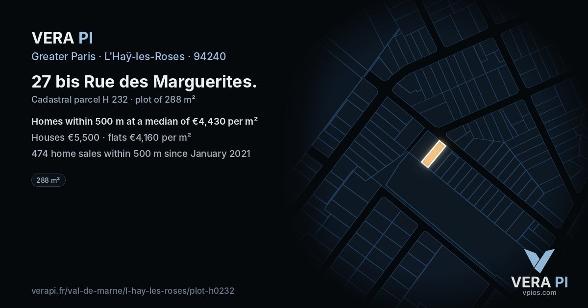 27 bis Rue des Marguerites, L'Haÿ-les-Roses at night – the plot lit, the parcels around coloured by the prices near them