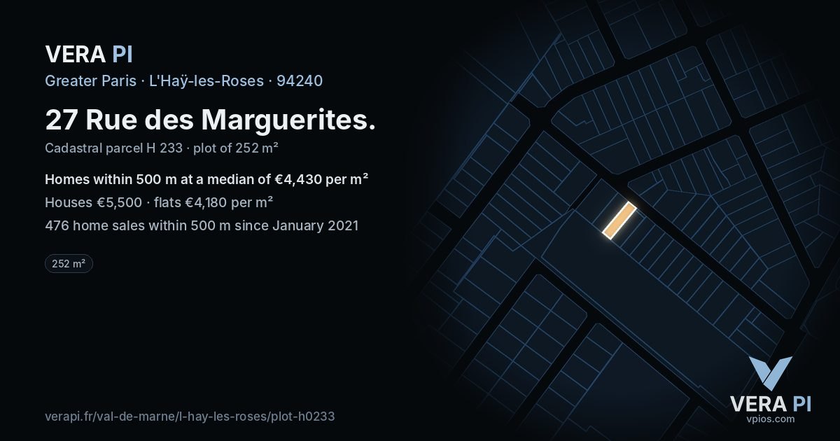 27 Rue des Marguerites, L'Haÿ-les-Roses at night – the plot lit, the parcels around coloured by the prices near them