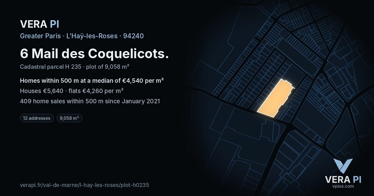 6 Mail des Coquelicots, L'Haÿ-les-Roses at night – the plot lit, the parcels around coloured by the prices near them