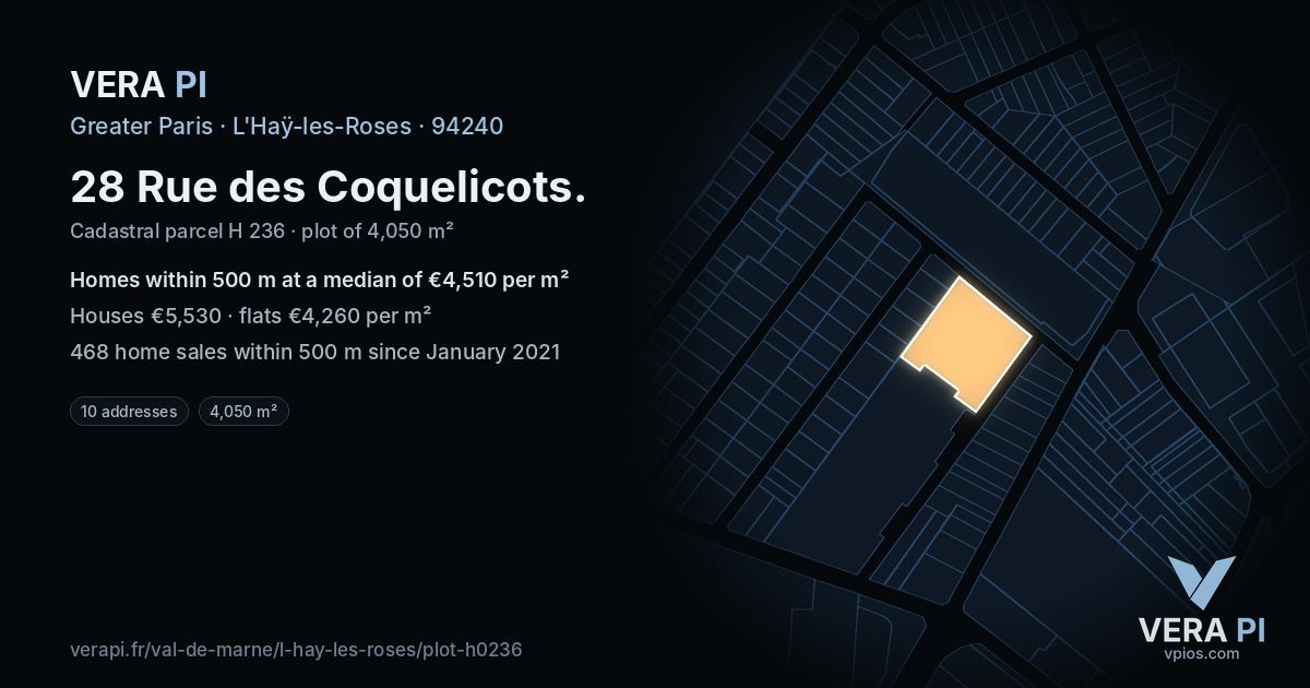 28 Rue des Coquelicots, L'Haÿ-les-Roses at night – the plot lit, the parcels around coloured by the prices near them