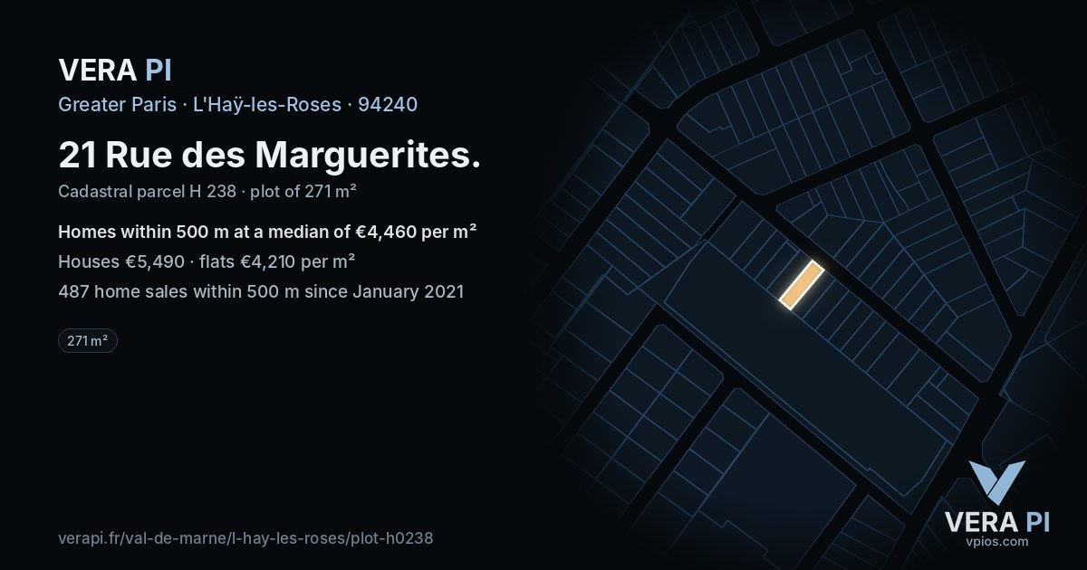 21 Rue des Marguerites, L'Haÿ-les-Roses at night – the plot lit, the parcels around coloured by the prices near them
