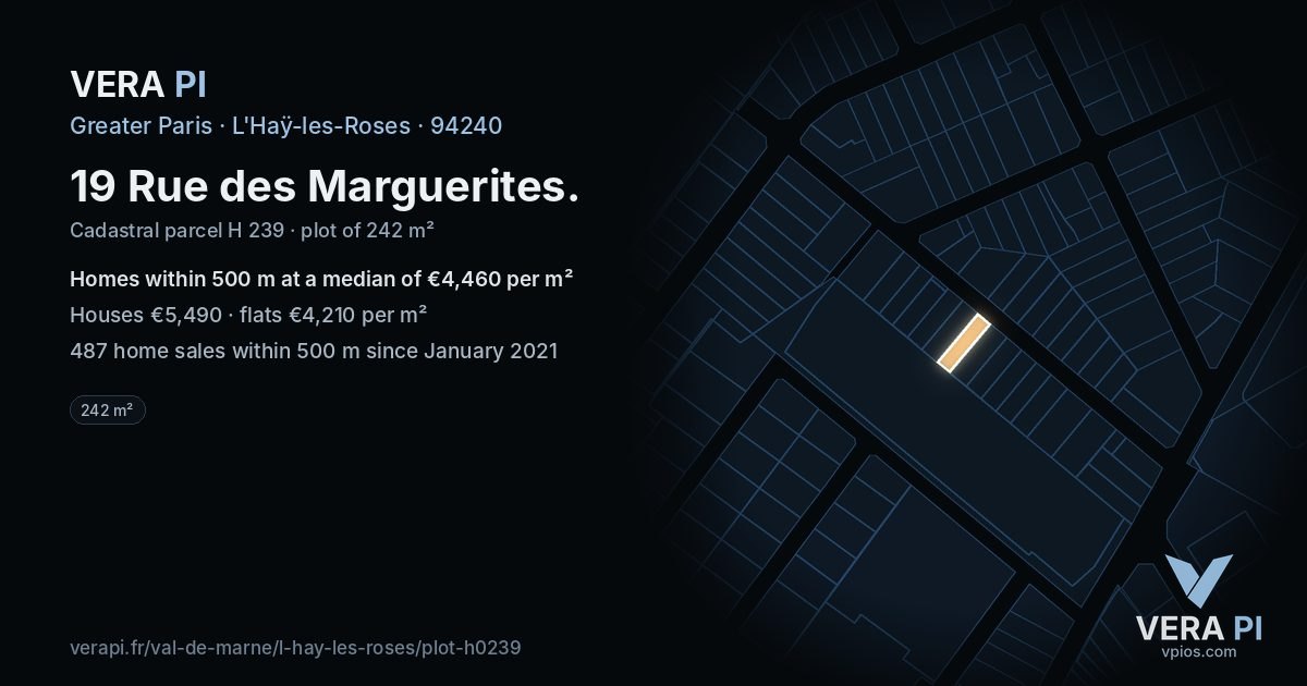 19 Rue des Marguerites, L'Haÿ-les-Roses at night – the plot lit, the parcels around coloured by the prices near them