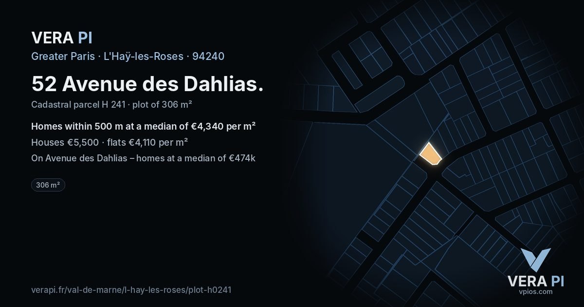 52 Avenue des Dahlias, L'Haÿ-les-Roses at night – the plot lit, the parcels around coloured by the prices near them