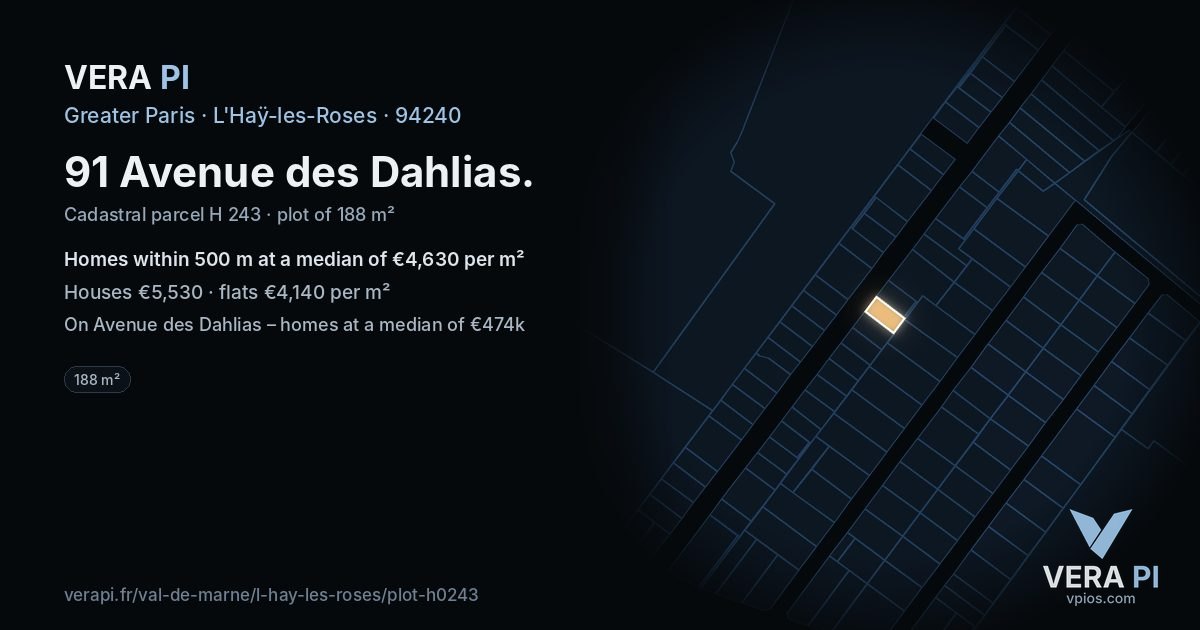 91 Avenue des Dahlias, L'Haÿ-les-Roses at night – the plot lit, the parcels around coloured by the prices near them