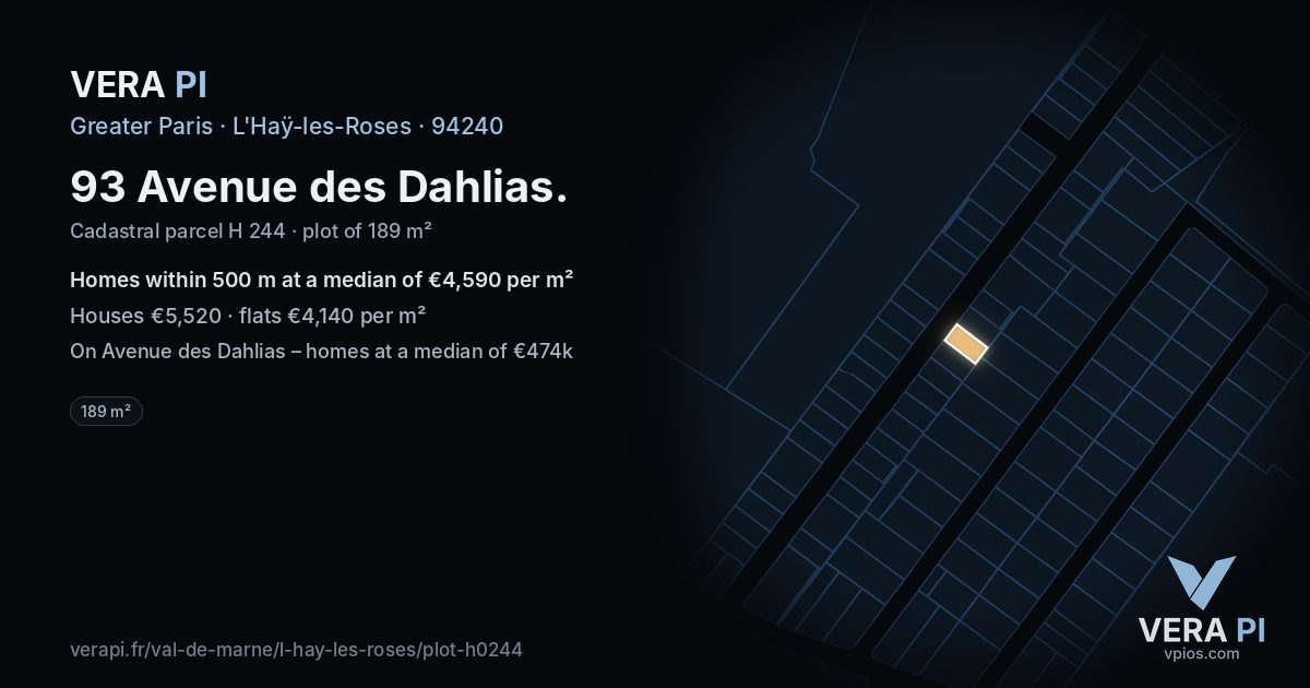 93 Avenue des Dahlias, L'Haÿ-les-Roses at night – the plot lit, the parcels around coloured by the prices near them