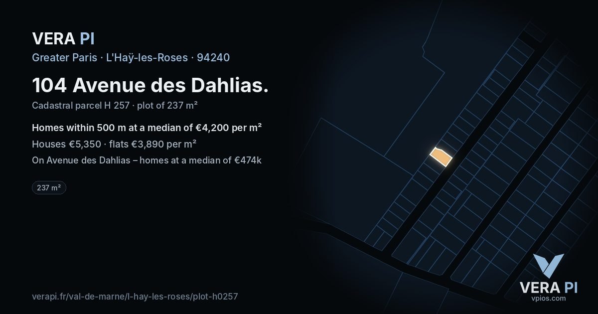 104 Avenue des Dahlias, L'Haÿ-les-Roses at night – the plot lit, the parcels around coloured by the prices near them