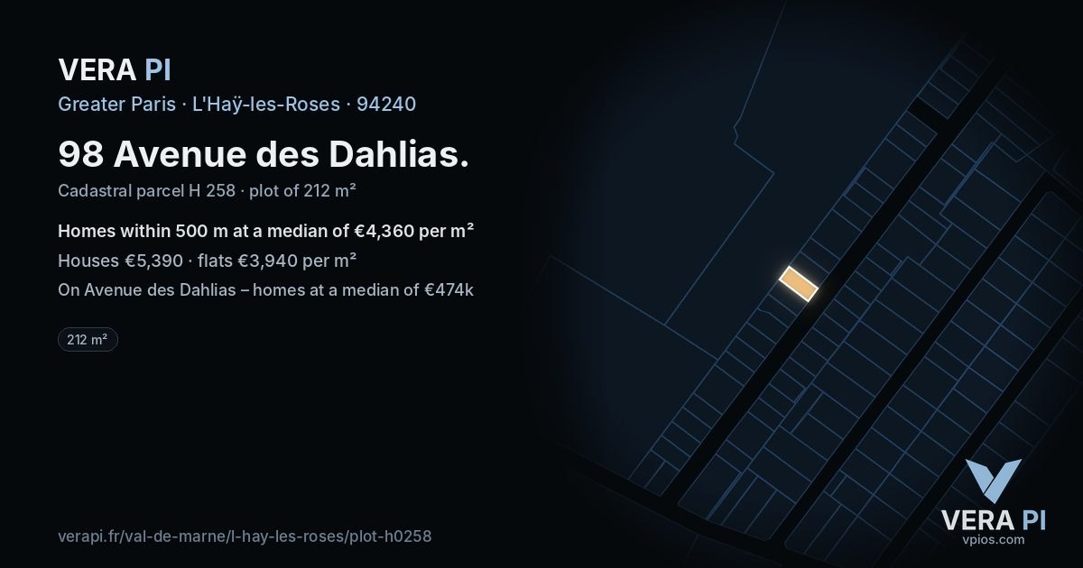 98 Avenue des Dahlias, L'Haÿ-les-Roses at night – the plot lit, the parcels around coloured by the prices near them