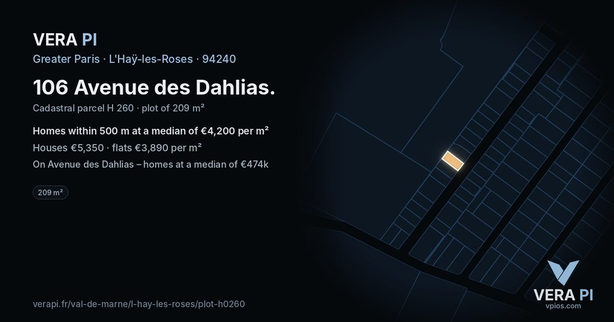 106 Avenue des Dahlias, L'Haÿ-les-Roses at night – the plot lit, the parcels around coloured by the prices near them