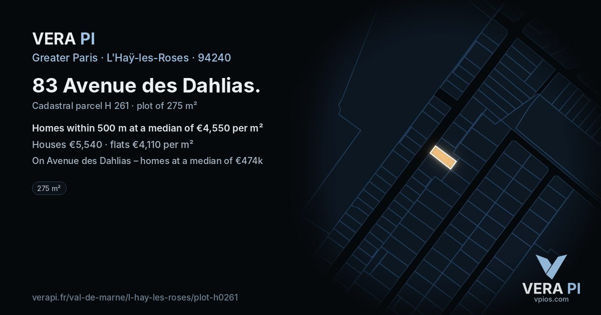 83 Avenue des Dahlias, L'Haÿ-les-Roses at night – the plot lit, the parcels around coloured by the prices near them