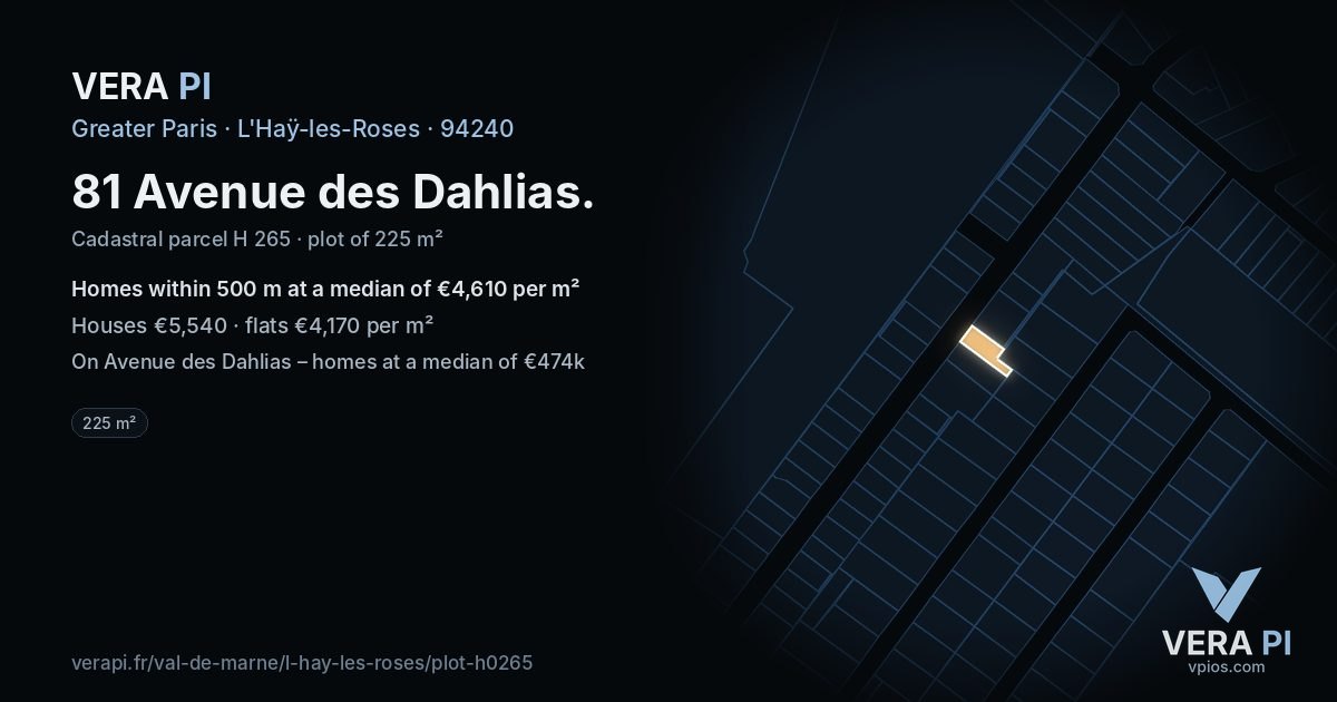 81 Avenue des Dahlias, L'Haÿ-les-Roses at night – the plot lit, the parcels around coloured by the prices near them