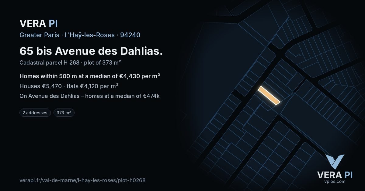 65 bis Avenue des Dahlias, L'Haÿ-les-Roses at night – the plot lit, the parcels around coloured by the prices near them