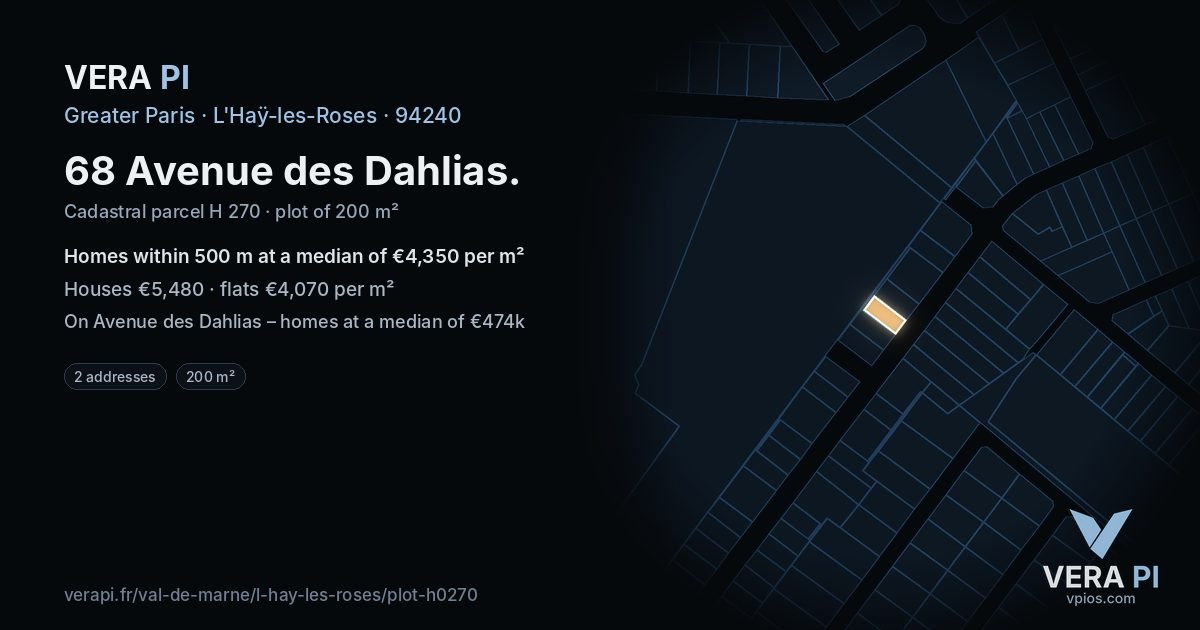 68 Avenue des Dahlias, L'Haÿ-les-Roses at night – the plot lit, the parcels around coloured by the prices near them