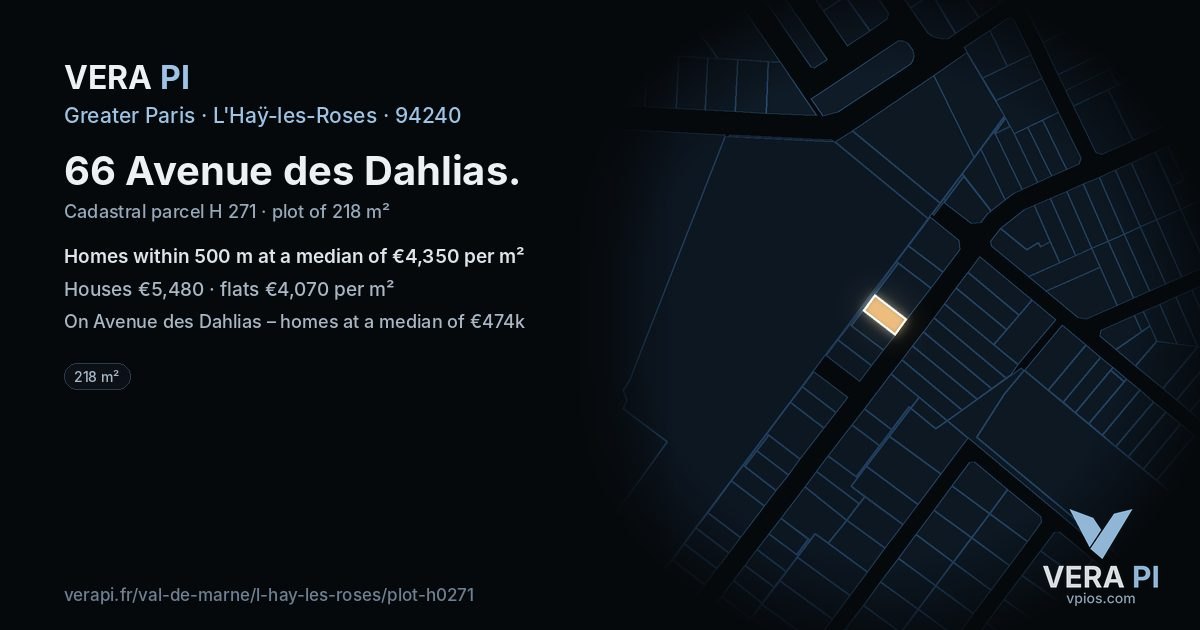 66 Avenue des Dahlias, L'Haÿ-les-Roses at night – the plot lit, the parcels around coloured by the prices near them