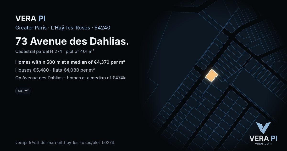 73 Avenue des Dahlias, L'Haÿ-les-Roses at night – the plot lit, the parcels around coloured by the prices near them