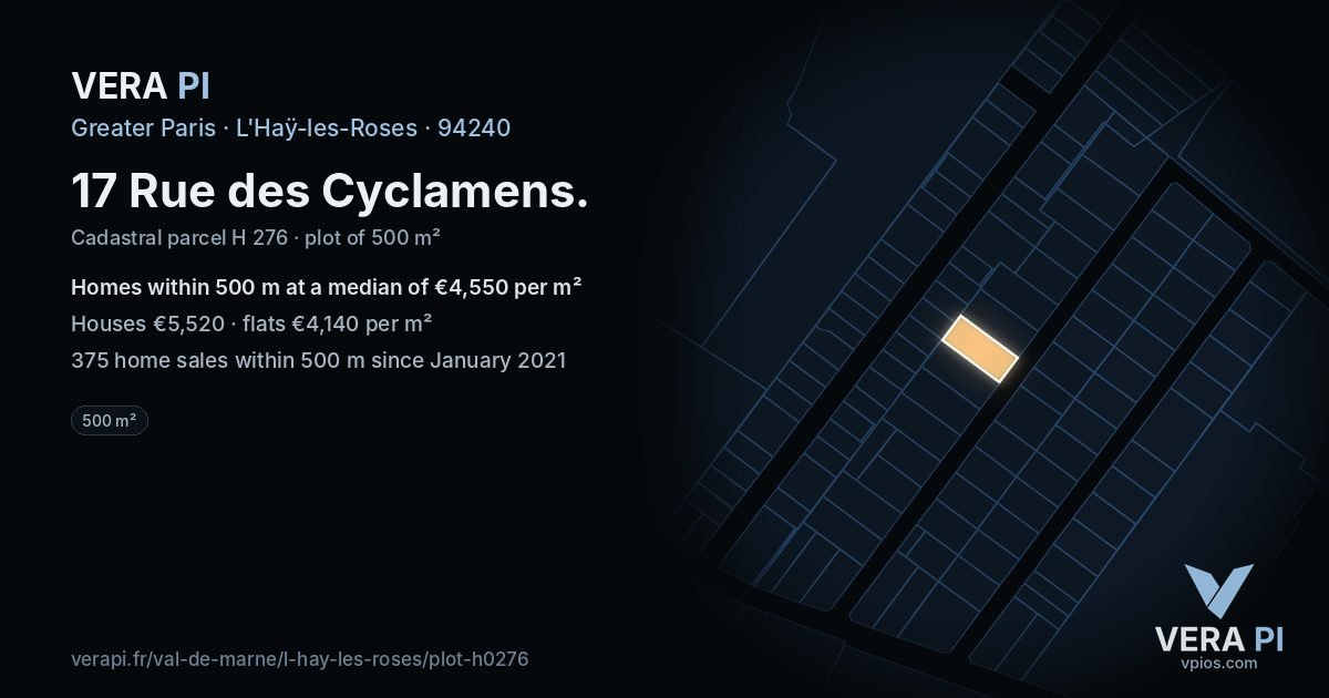 17 Rue des Cyclamens, L'Haÿ-les-Roses at night – the plot lit, the parcels around coloured by the prices near them