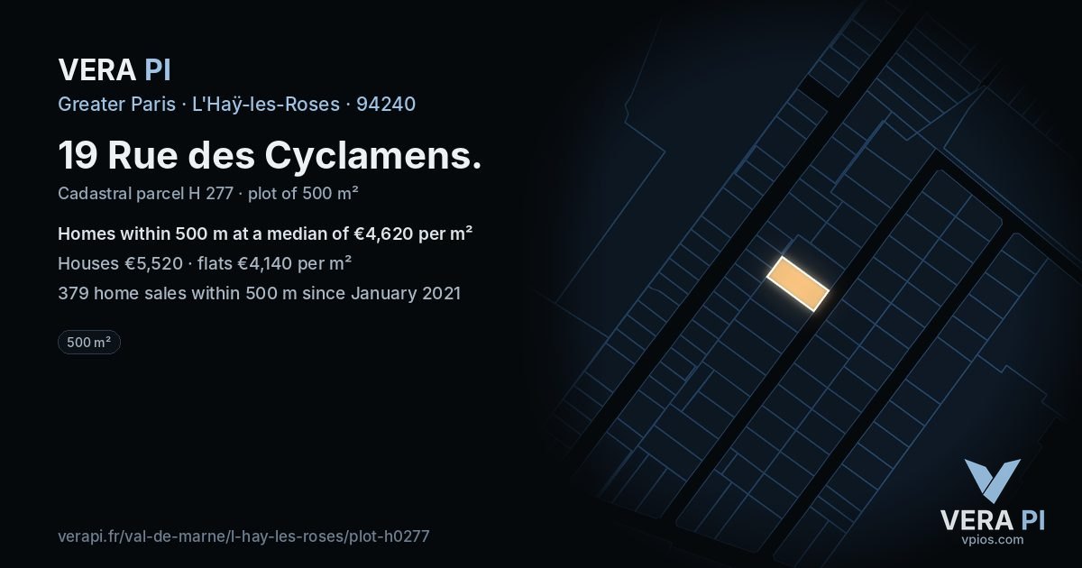 19 Rue des Cyclamens, L'Haÿ-les-Roses at night – the plot lit, the parcels around coloured by the prices near them