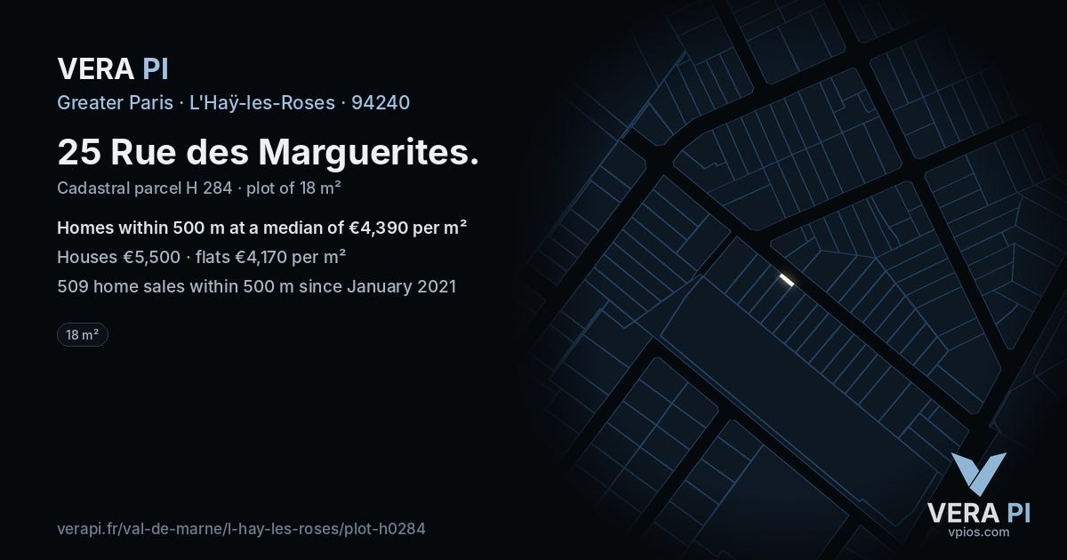 25 Rue des Marguerites, L'Haÿ-les-Roses at night – the plot lit, the parcels around coloured by the prices near them