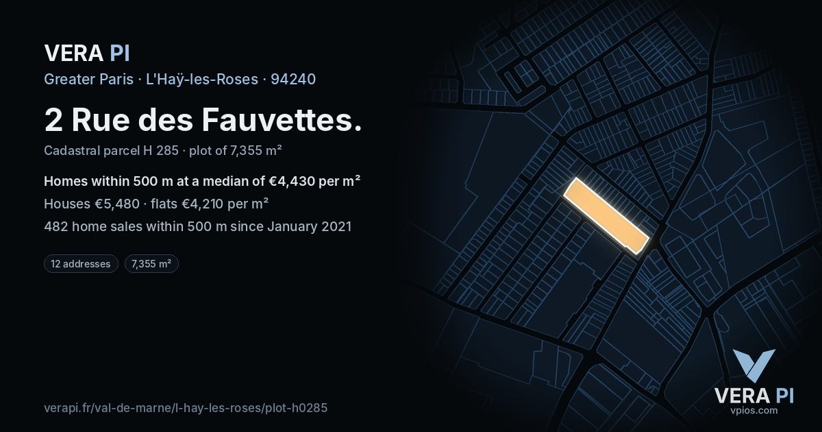 2 Rue des Fauvettes, L'Haÿ-les-Roses at night – the plot lit, the parcels around coloured by the prices near them