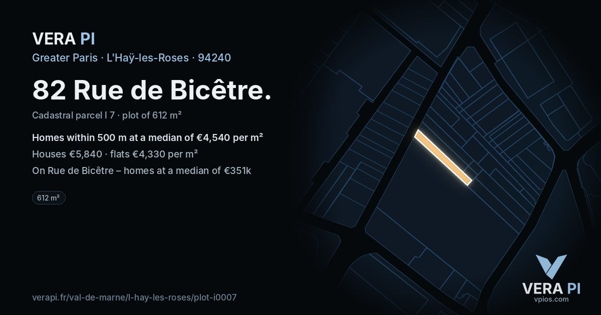 82 Rue de Bicêtre, L'Haÿ-les-Roses at night – the plot lit, the parcels around coloured by the prices near them