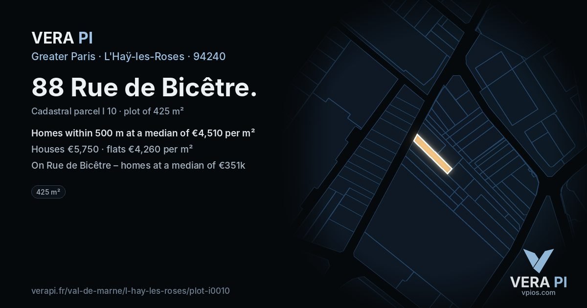 88 Rue de Bicêtre, L'Haÿ-les-Roses at night – the plot lit, the parcels around coloured by the prices near them