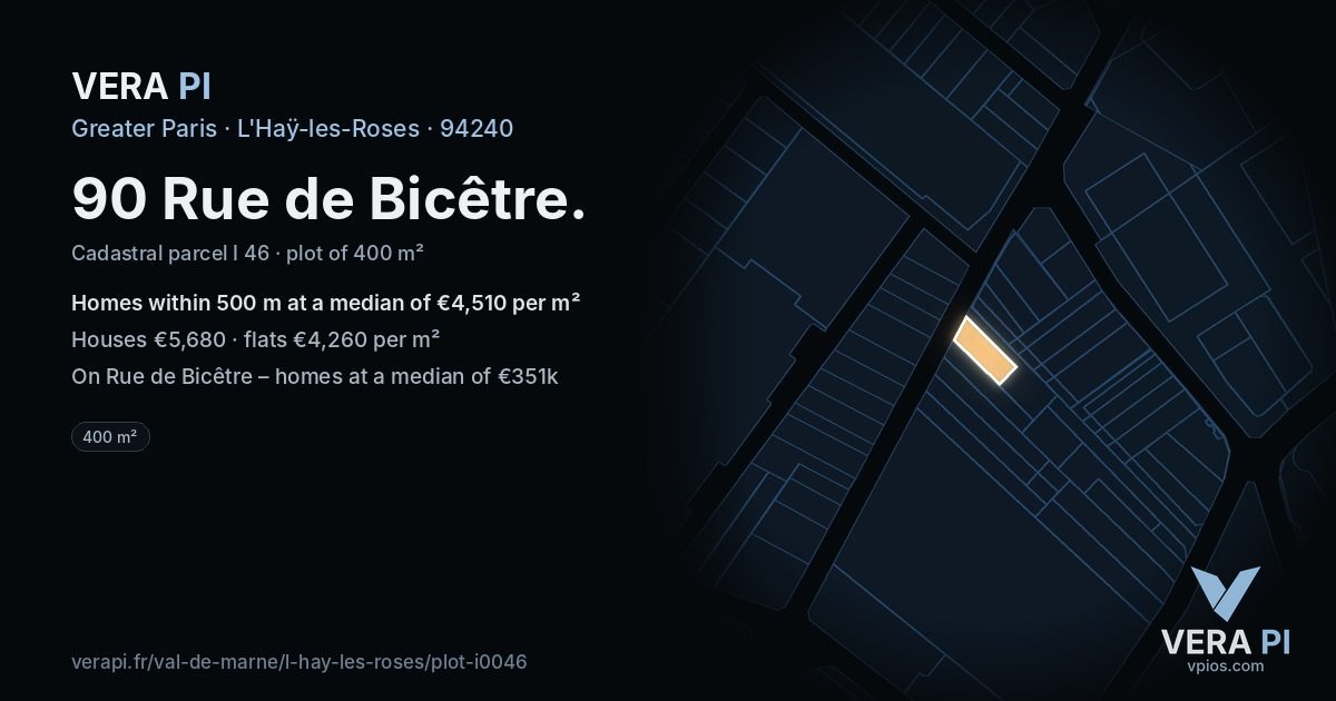 90 Rue de Bicêtre, L'Haÿ-les-Roses at night – the plot lit, the parcels around coloured by the prices near them