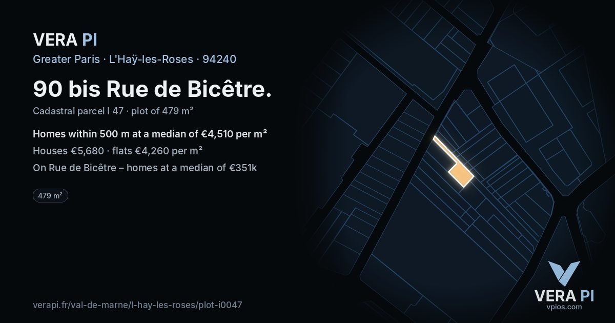 90 bis Rue de Bicêtre, L'Haÿ-les-Roses at night – the plot lit, the parcels around coloured by the prices near them