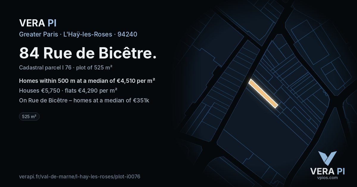 84 Rue de Bicêtre, L'Haÿ-les-Roses at night – the plot lit, the parcels around coloured by the prices near them