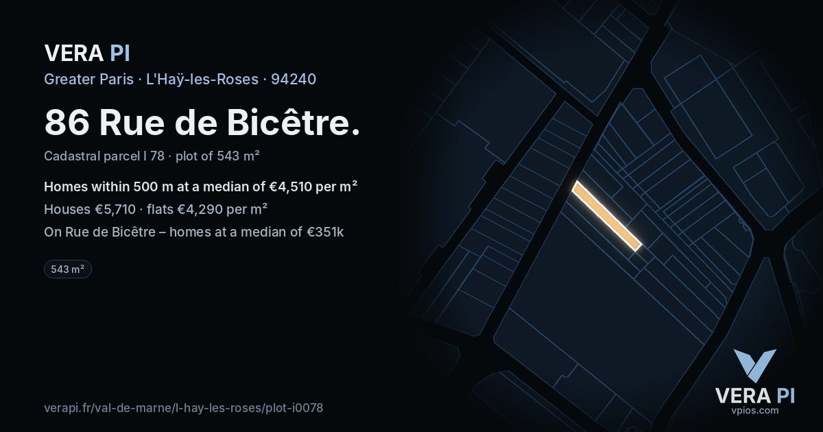 86 Rue de Bicêtre, L'Haÿ-les-Roses at night – the plot lit, the parcels around coloured by the prices near them
