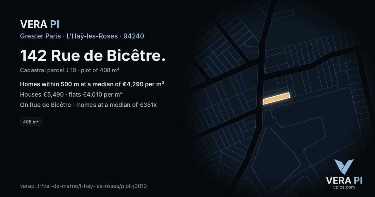 142 Rue de Bicêtre, L'Haÿ-les-Roses at night – the plot lit, the parcels around coloured by the prices near them