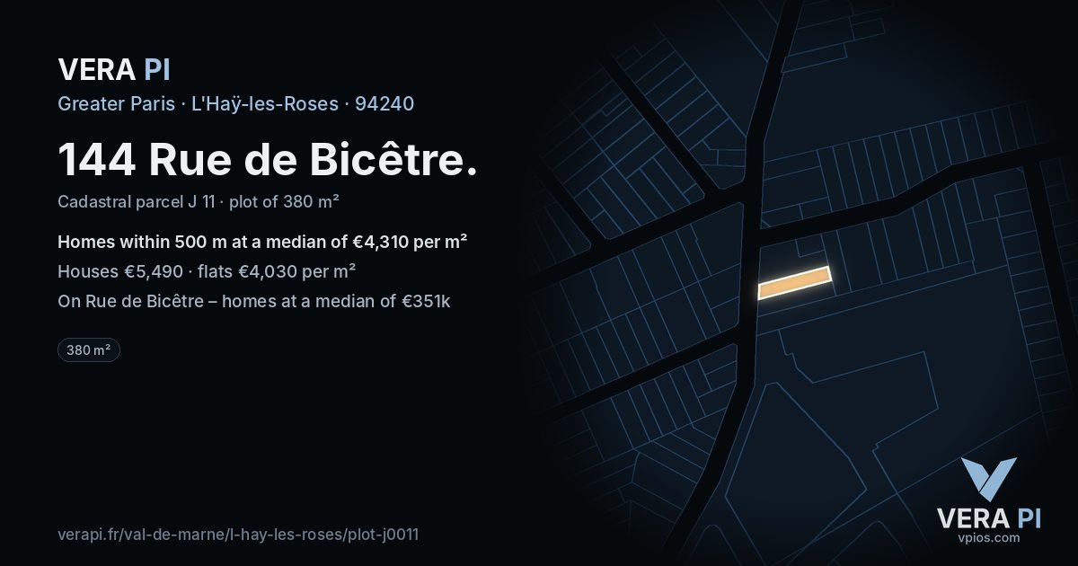 144 Rue de Bicêtre, L'Haÿ-les-Roses at night – the plot lit, the parcels around coloured by the prices near them