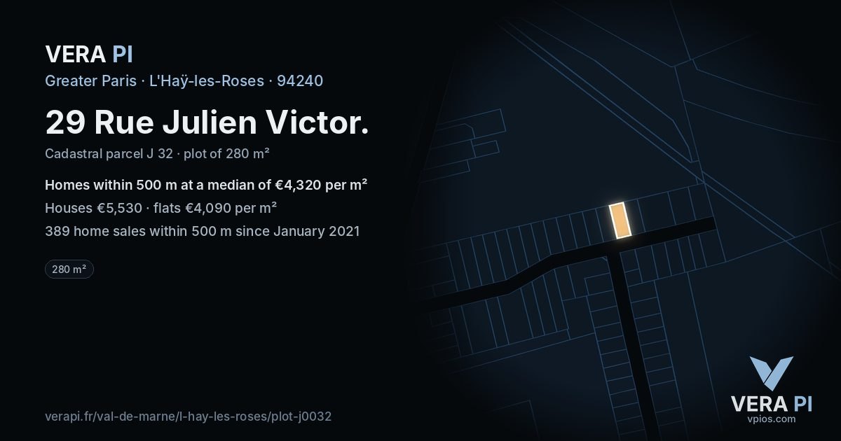 29 Rue Julien Victor, L'Haÿ-les-Roses at night – the plot lit, the parcels around coloured by the prices near them