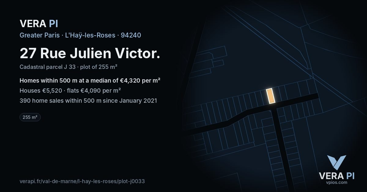 27 Rue Julien Victor, L'Haÿ-les-Roses at night – the plot lit, the parcels around coloured by the prices near them