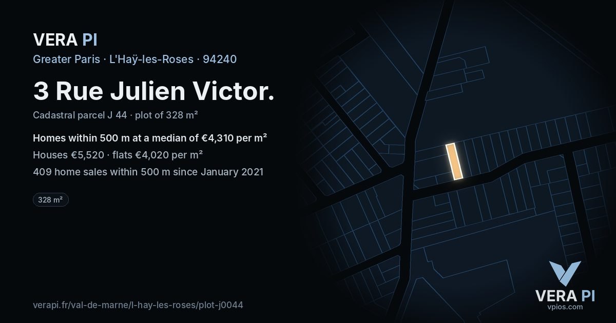 3 Rue Julien Victor, L'Haÿ-les-Roses at night – the plot lit, the parcels around coloured by the prices near them