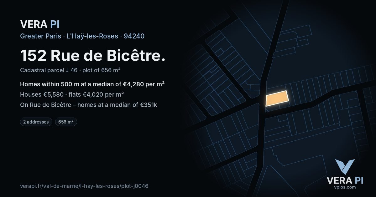 152 Rue de Bicêtre, L'Haÿ-les-Roses at night – the plot lit, the parcels around coloured by the prices near them