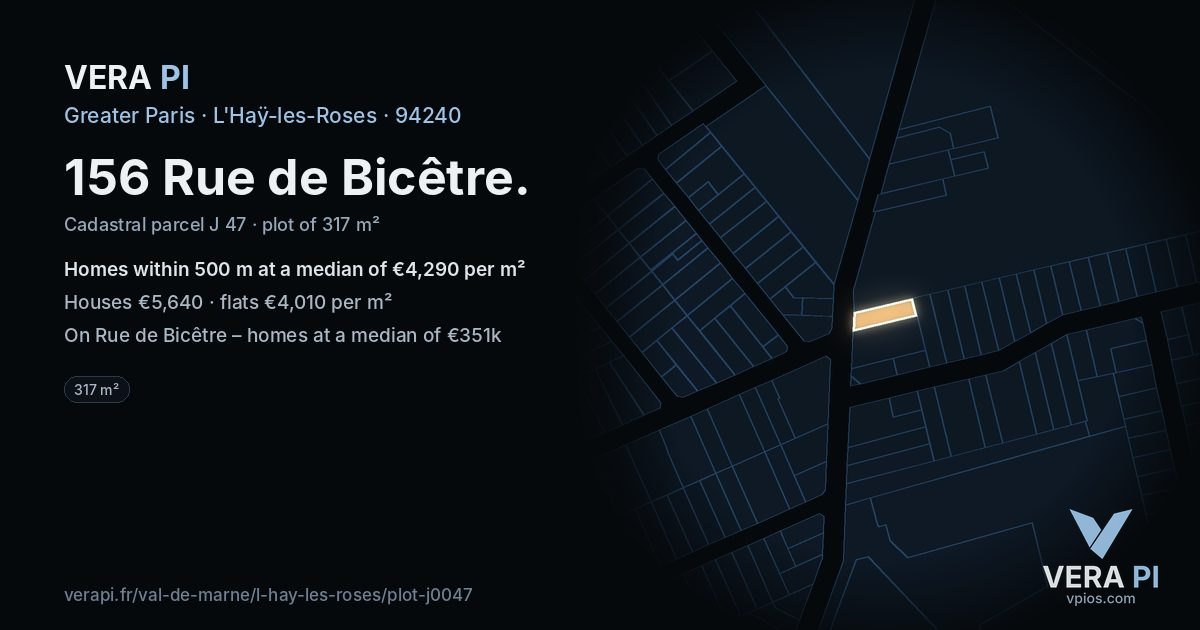 156 Rue de Bicêtre, L'Haÿ-les-Roses at night – the plot lit, the parcels around coloured by the prices near them