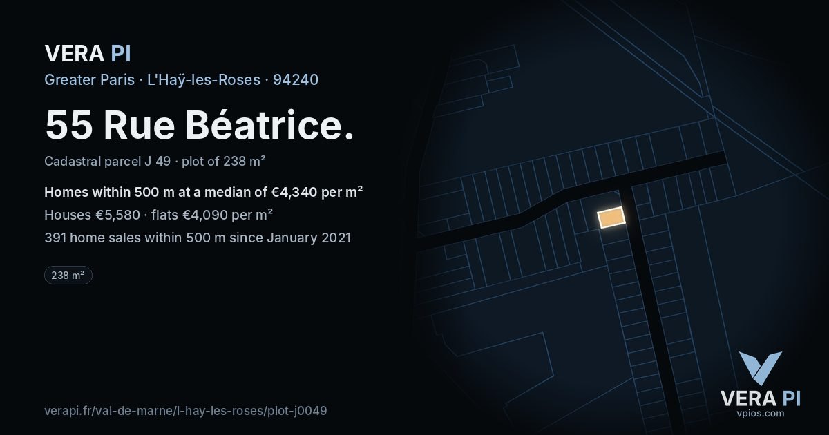 55 Rue Béatrice, L'Haÿ-les-Roses at night – the plot lit, the parcels around coloured by the prices near them