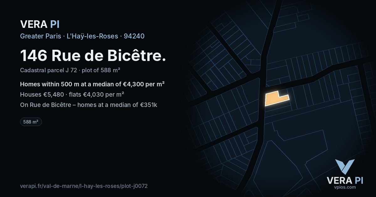 146 Rue de Bicêtre, L'Haÿ-les-Roses at night – the plot lit, the parcels around coloured by the prices near them