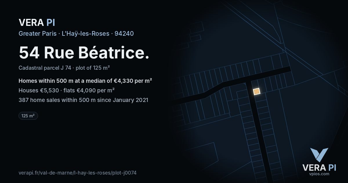 54 Rue Béatrice, L'Haÿ-les-Roses at night – the plot lit, the parcels around coloured by the prices near them