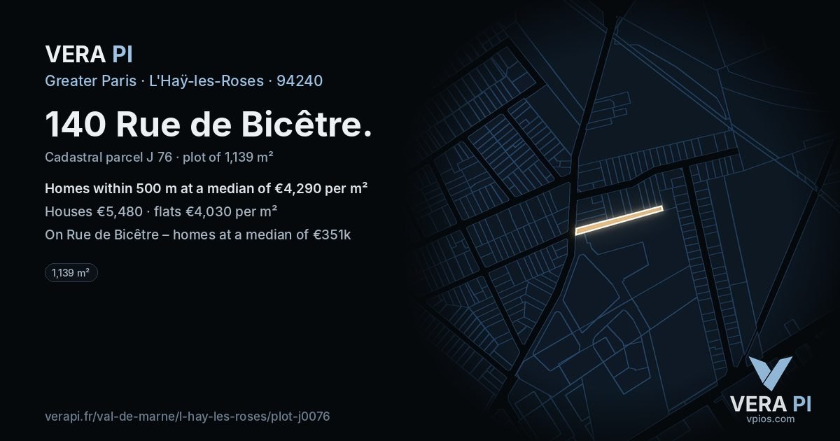 140 Rue de Bicêtre, L'Haÿ-les-Roses at night – the plot lit, the parcels around coloured by the prices near them