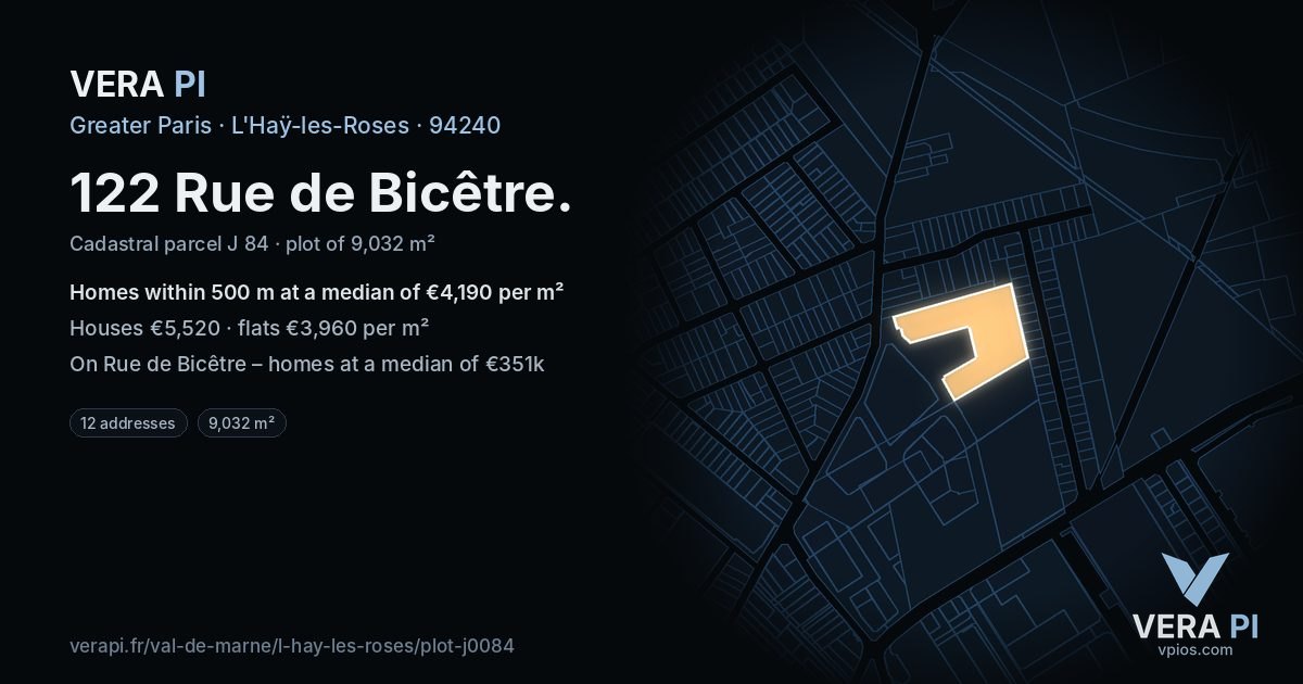 122 Rue de Bicêtre, L'Haÿ-les-Roses at night – the plot lit, the parcels around coloured by the prices near them