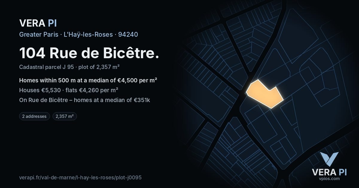 104 Rue de Bicêtre, L'Haÿ-les-Roses at night – the plot lit, the parcels around coloured by the prices near them