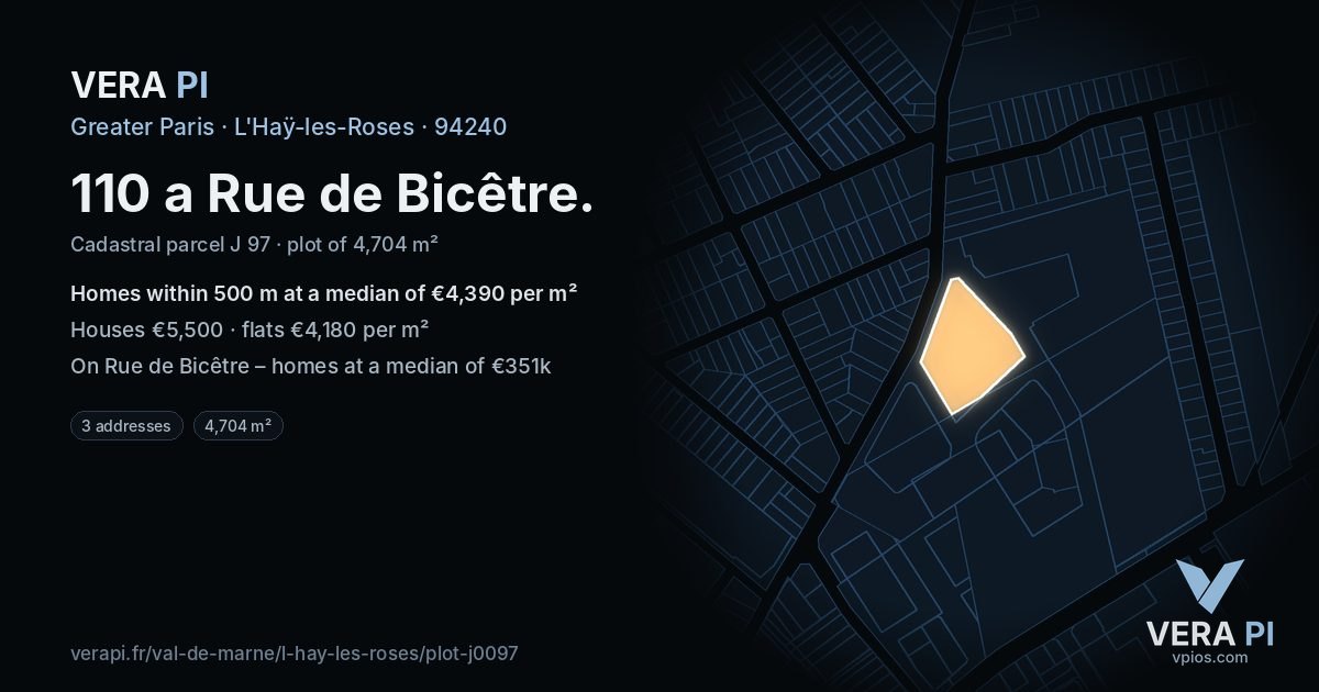 110 a Rue de Bicêtre, L'Haÿ-les-Roses at night – the plot lit, the parcels around coloured by the prices near them