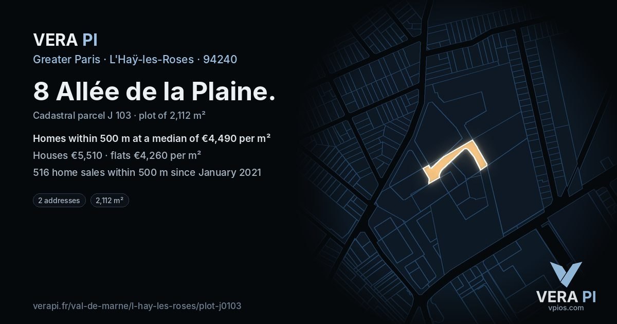8 Allée de la Plaine, L'Haÿ-les-Roses at night – the plot lit, the parcels around coloured by the prices near them