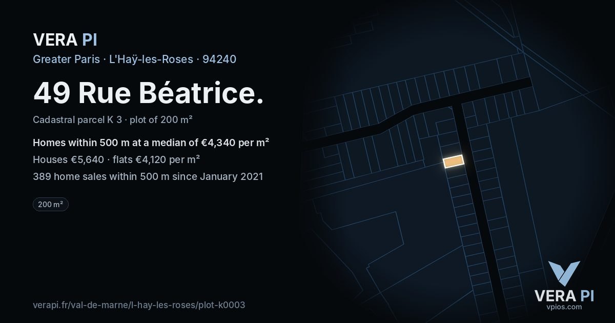 49 Rue Béatrice, L'Haÿ-les-Roses at night – the plot lit, the parcels around coloured by the prices near them