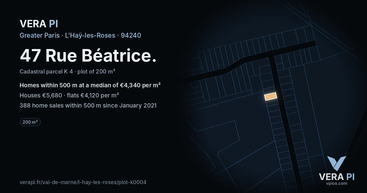 47 Rue Béatrice, L'Haÿ-les-Roses at night – the plot lit, the parcels around coloured by the prices near them