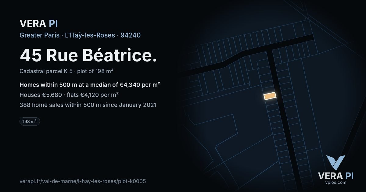 45 Rue Béatrice, L'Haÿ-les-Roses at night – the plot lit, the parcels around coloured by the prices near them