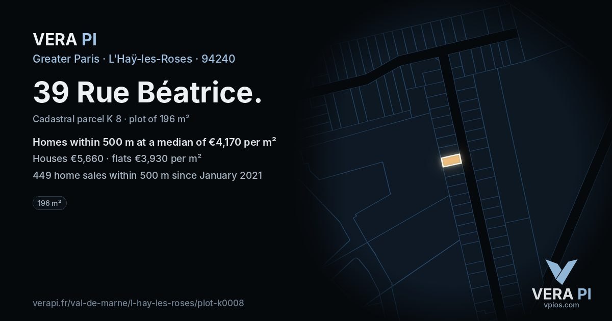 39 Rue Béatrice, L'Haÿ-les-Roses at night – the plot lit, the parcels around coloured by the prices near them